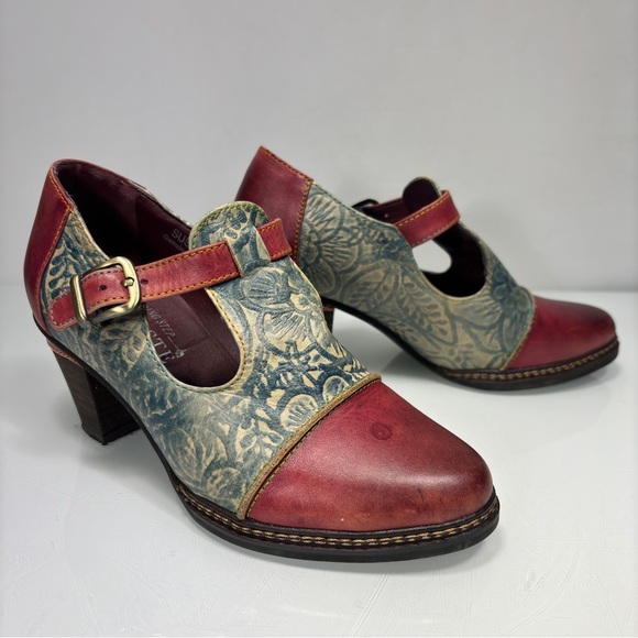 L'Artiste Spring Step Susana Red Green Floral Print Leather Heeled Booties Sz 36 - Picture 5 of 12